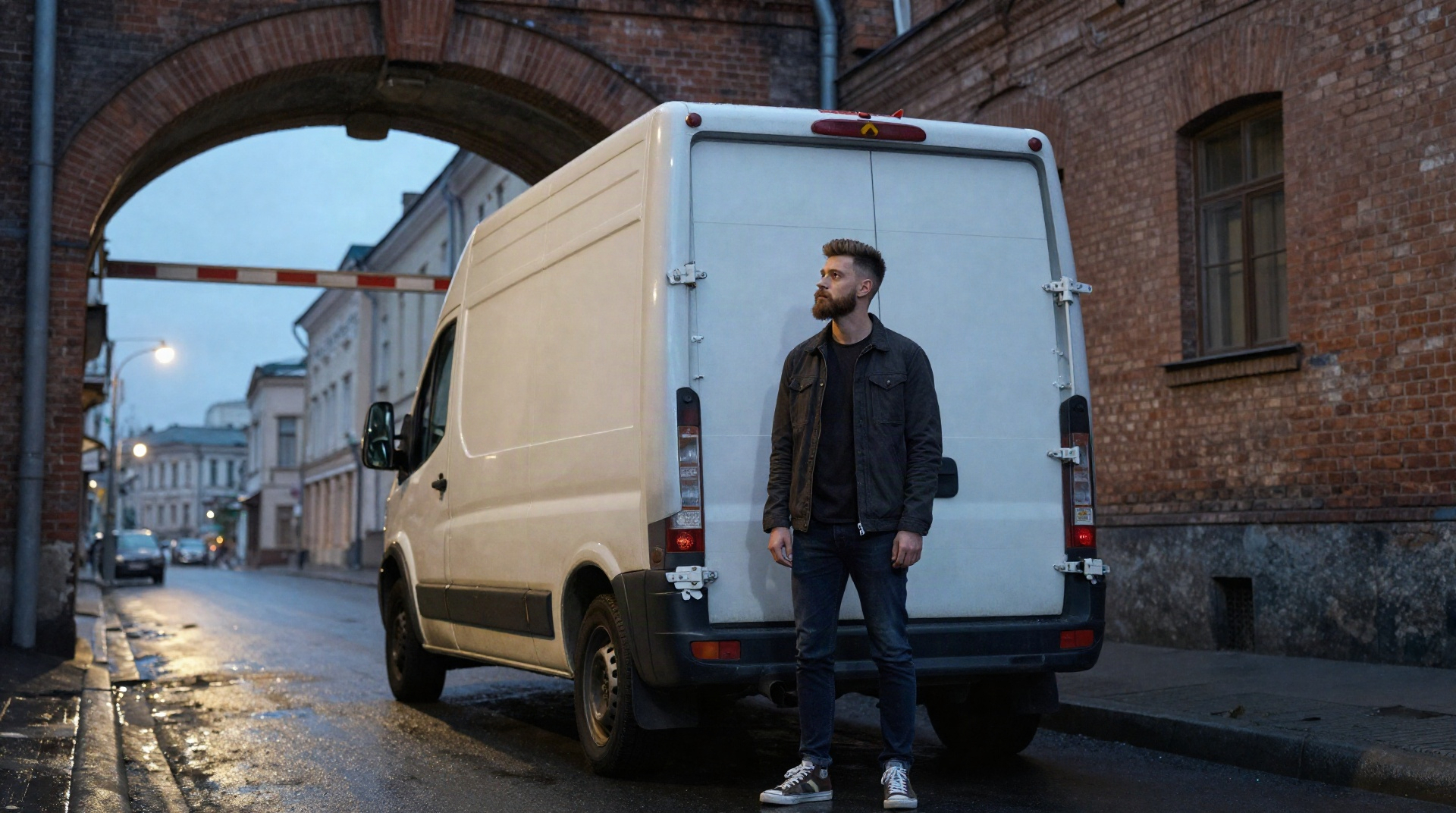 Высокий фургон перед низкой аркой во дворе, водитель оценивает высоту проезда